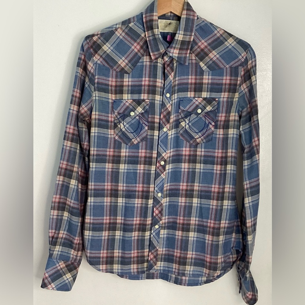 True Religion Blue and Red Plaid Button Down Shirt S